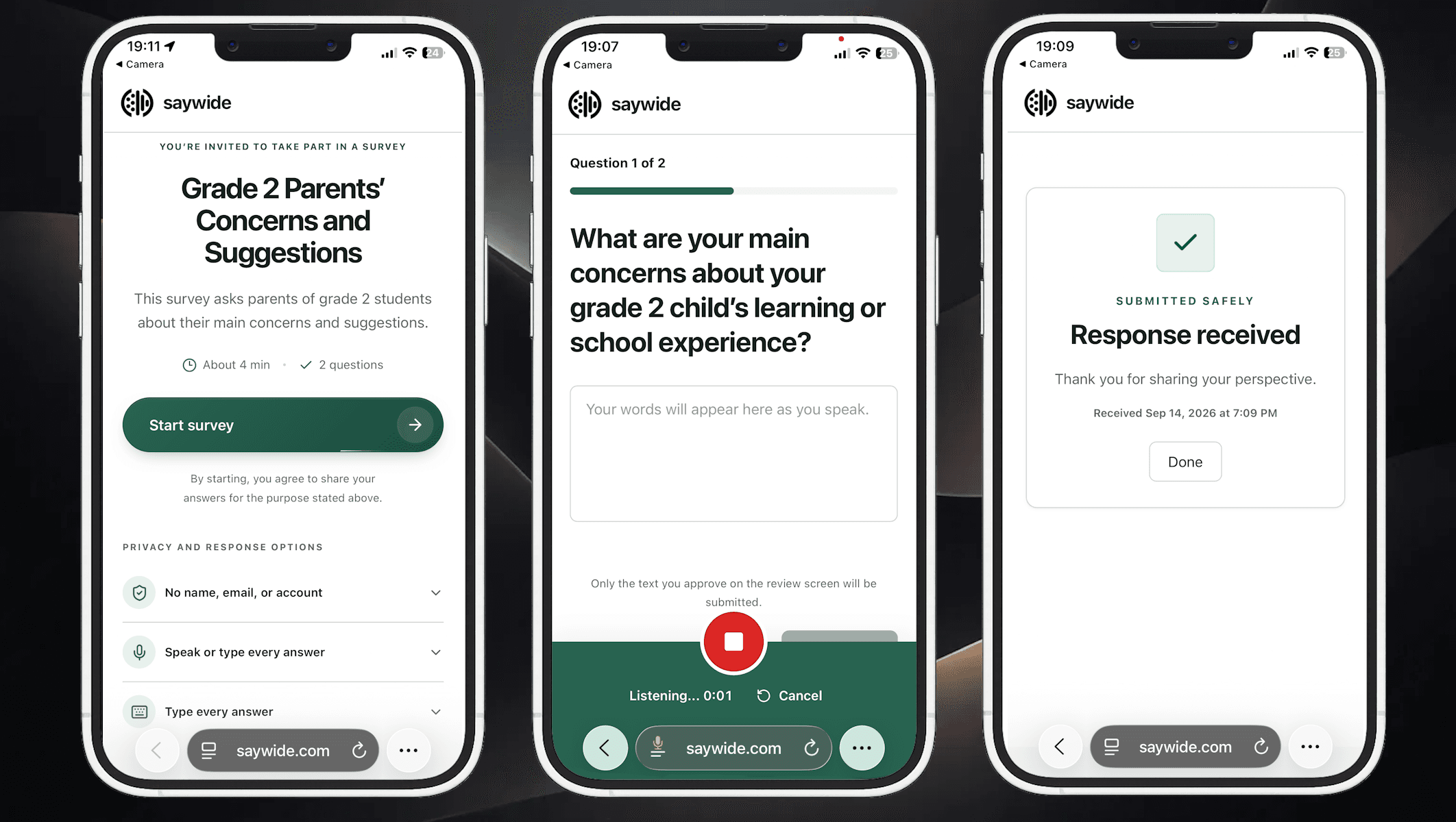 Participants answer anonymously by voice or text, review their answers, and submit. No participant account is needed.