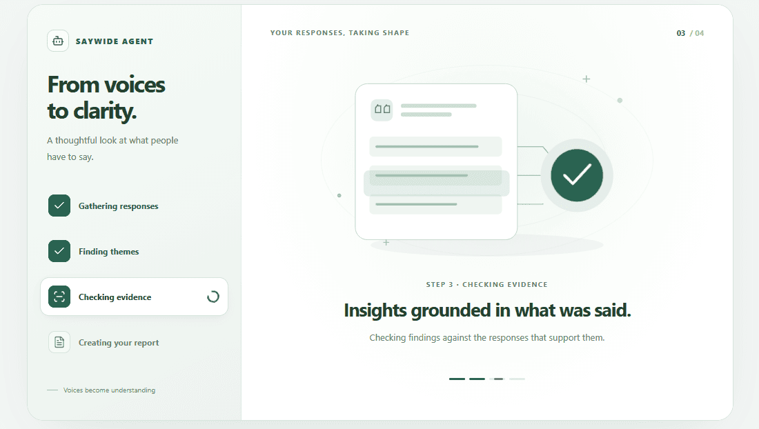 Watch the agent's progress, then explore findings, supporting quotes, and suggested actions.
